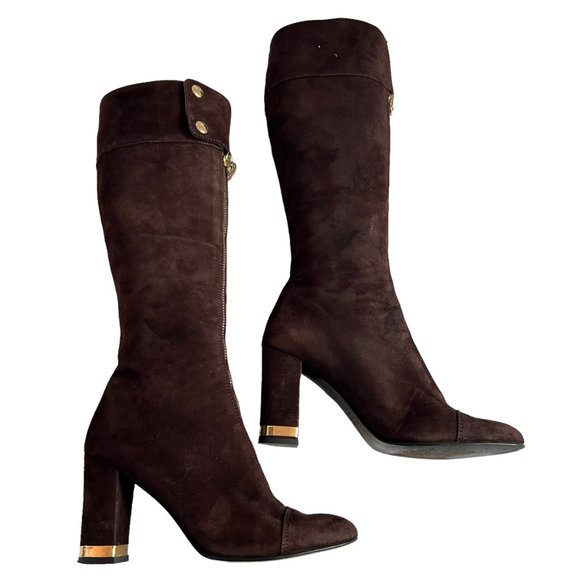Bellofatto boots knee high brown suede zip up gold block heel size 6.5 - Picture 7 of 11